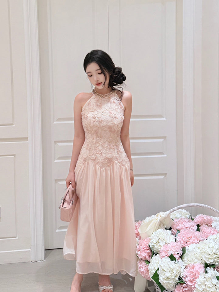 【dress】ノースリーブレースドッキングロングワンピース Q8685