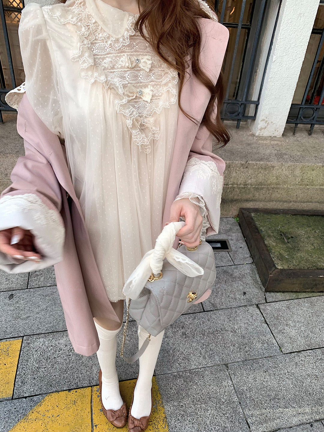 【dress】ギャザーフリルレースドッキングミニワンピース Q9229