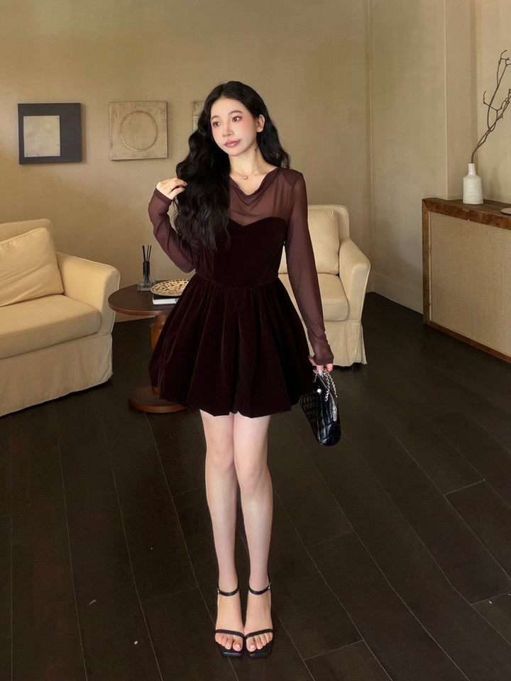 【dress】シアーチュールドッキングバルーンワンピース Q9090