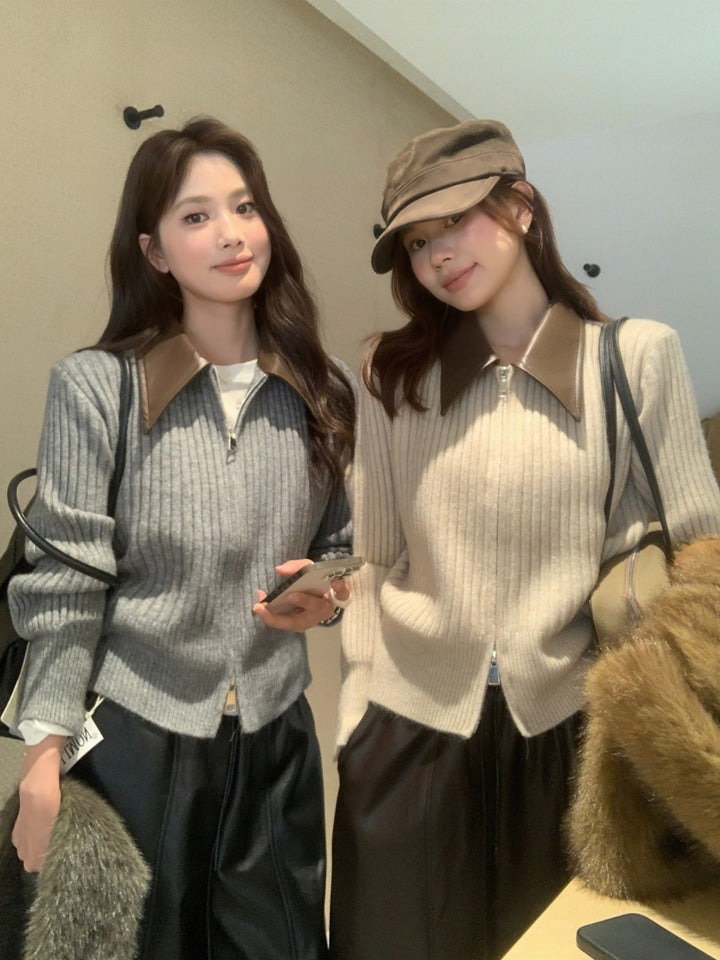 【outer】PUネックドッキングニットカーディガン Q9267