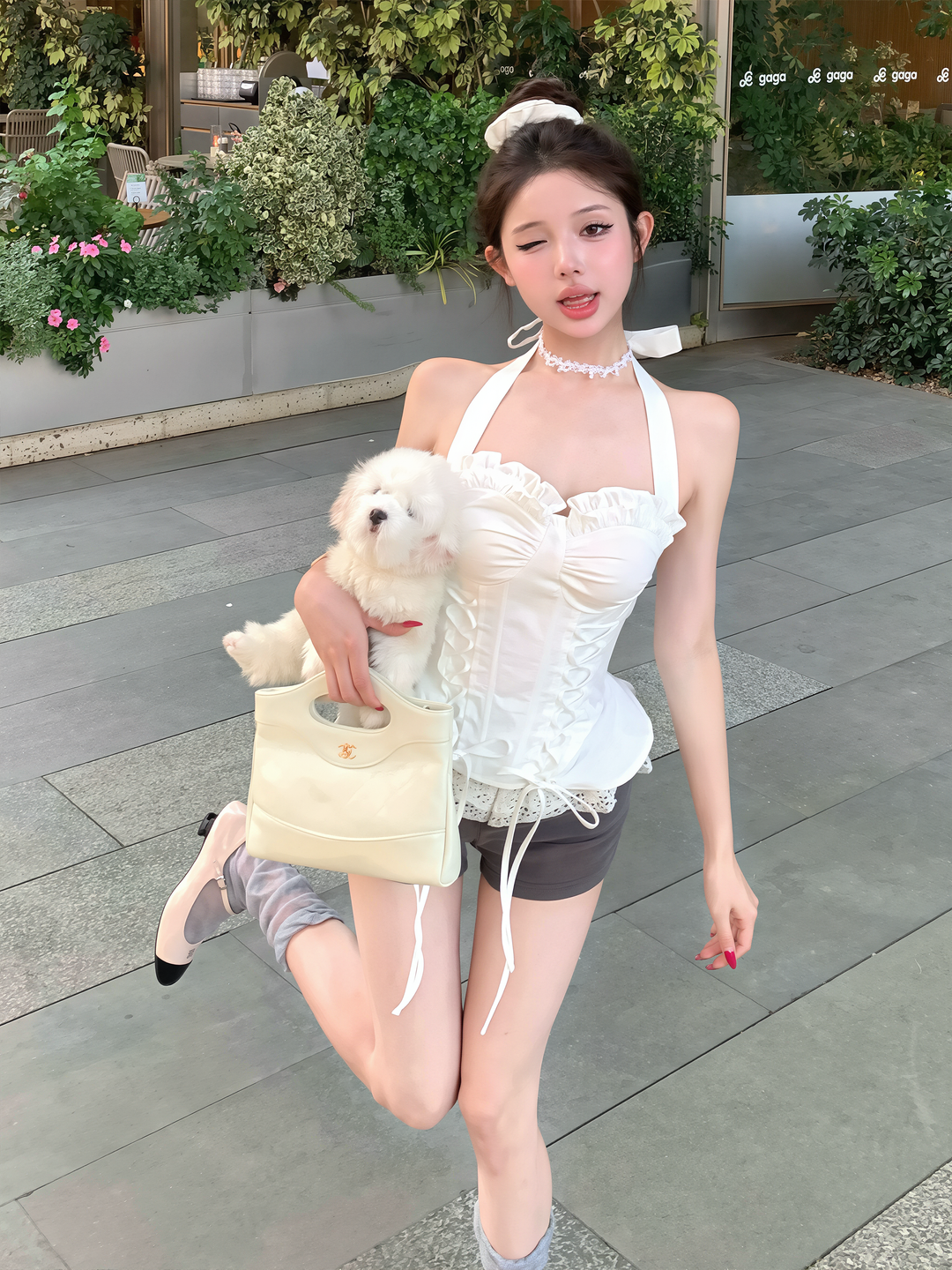 【tops】ホルターネックギャザーフリルトップス Q8590
