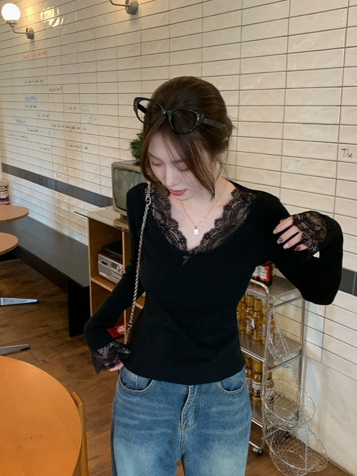 【tops】レースドッキングニットトップス Q9343