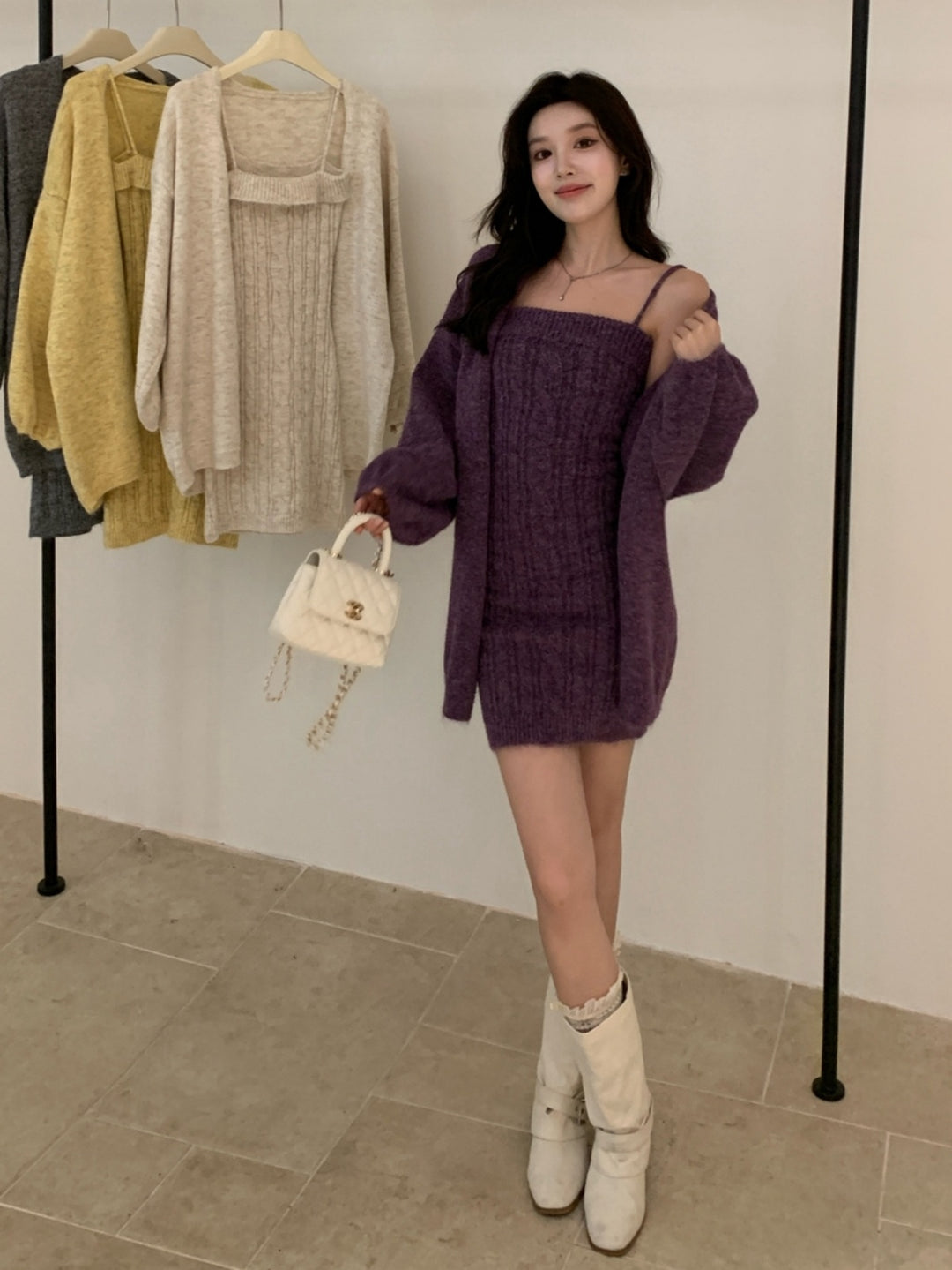 【set】ニットキャミワンピース×ニットカーディガンセット Q9257