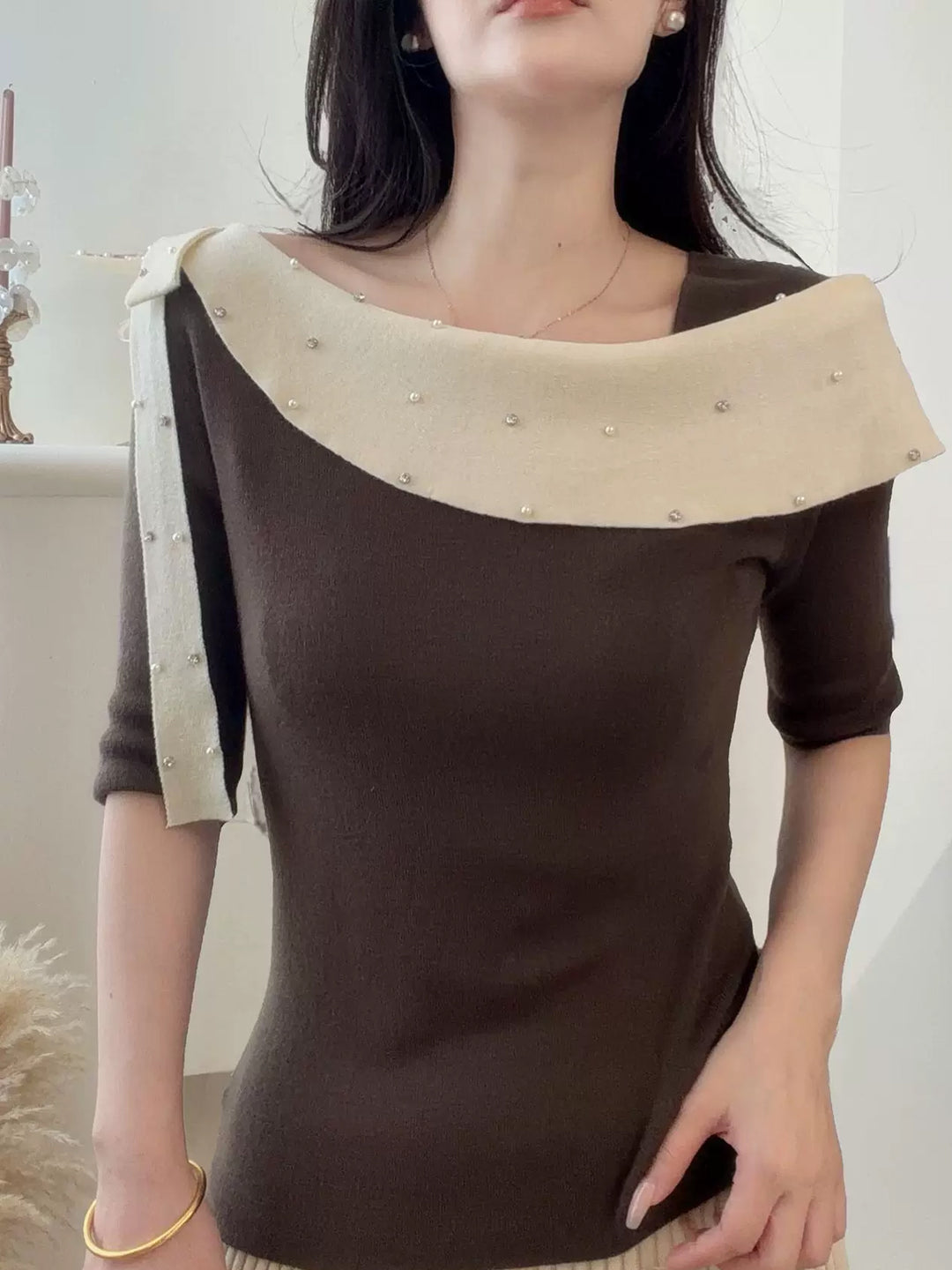 【tops】ラインストーン付きロールカラーニットトップス Q9076