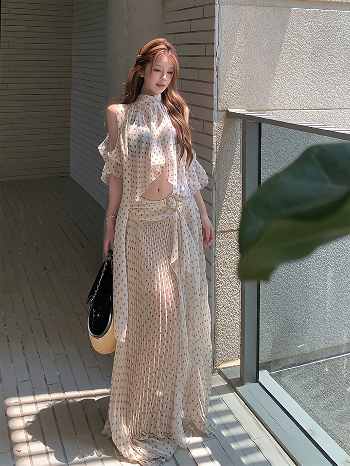【set】ドット柄シャツ×ロングスカートセット Q8598