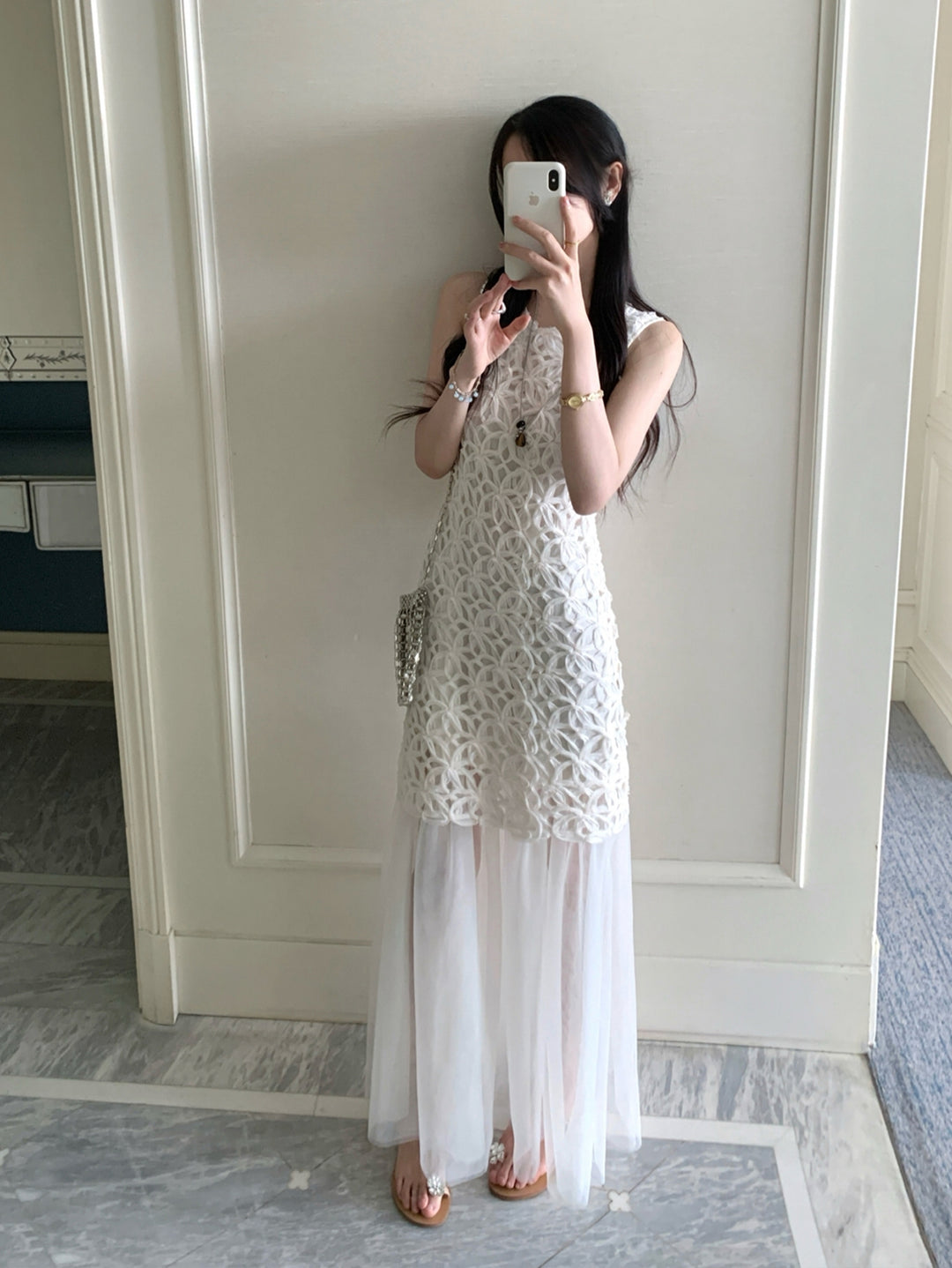【dress】ノースリーブチュールドッキングロングワンピース Q8674