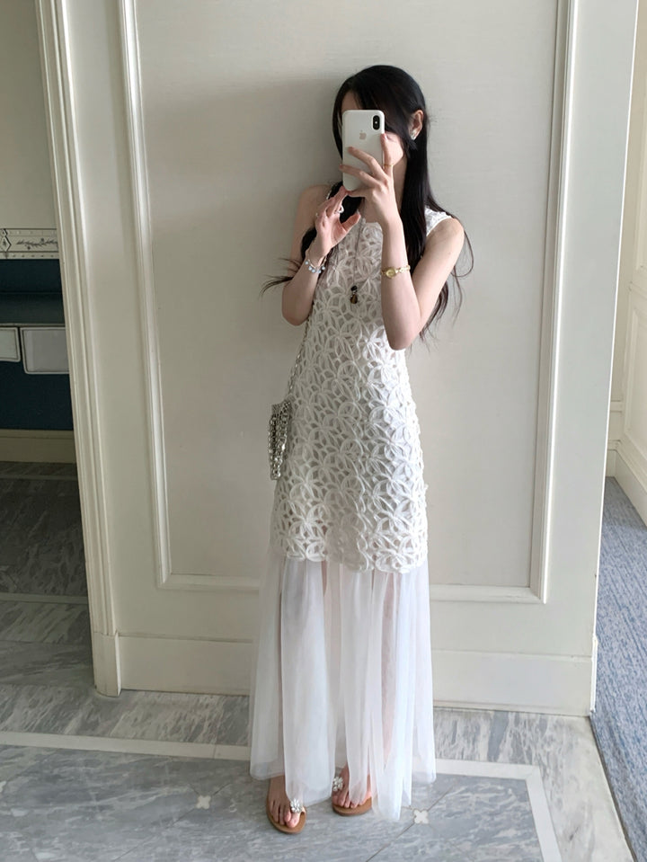 【dress】ノースリーブチュールドッキングロングワンピース Q8674