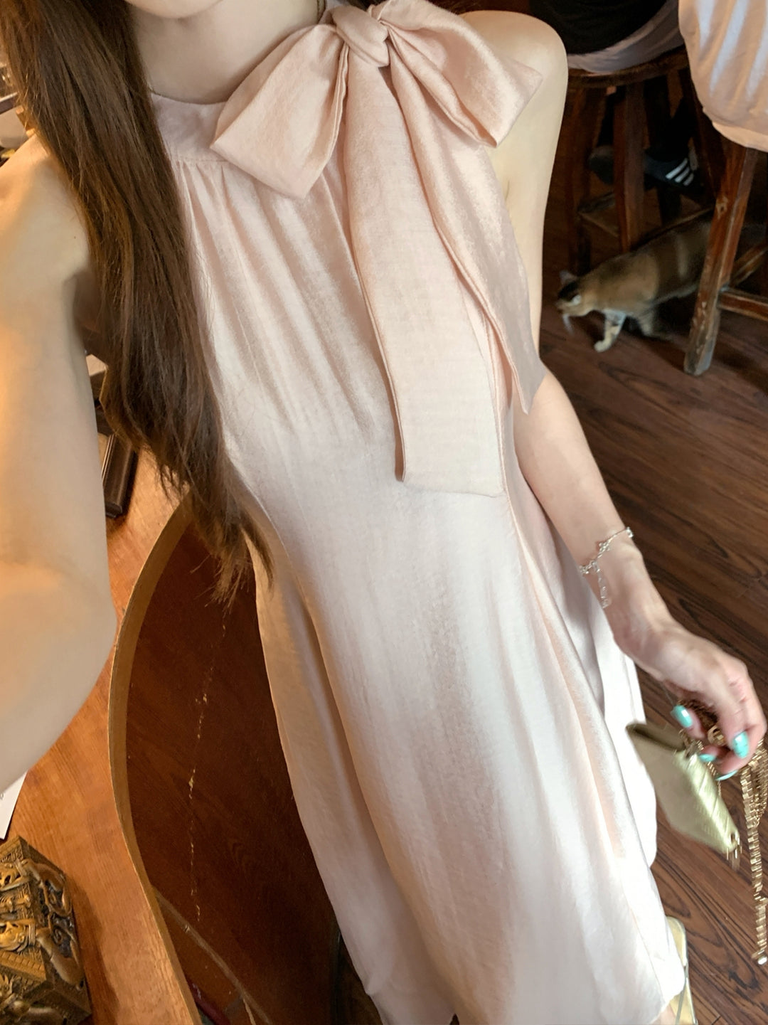 【dress】ノースリーブリボン付きロングワンピース Q8663