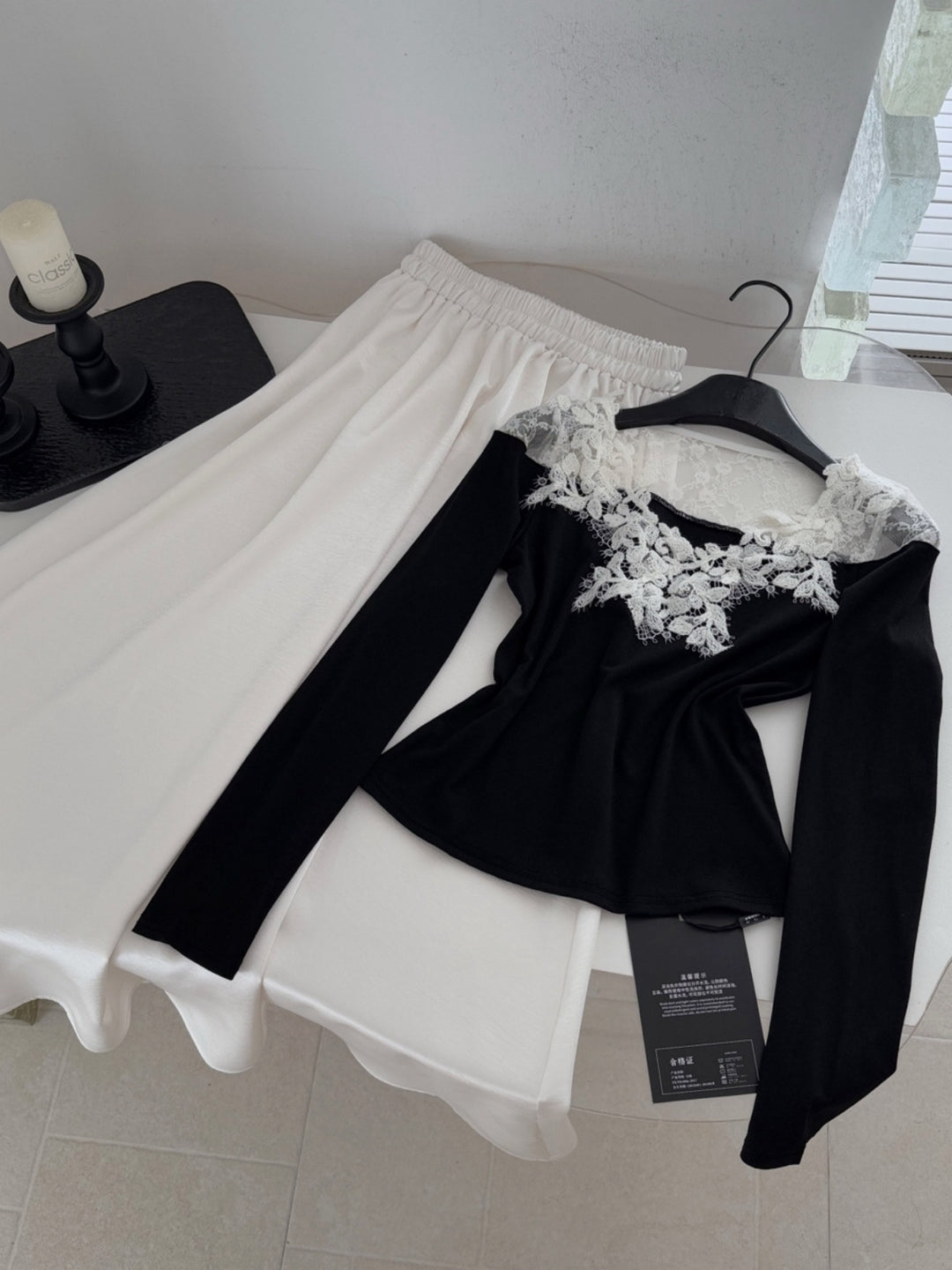 【set】レースドッキングニットトップス×ロングスカートセット Q9264