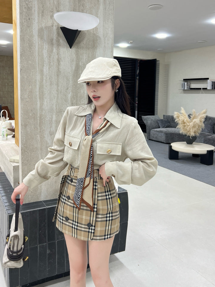 【set】スカーフ付きシャツ×ミニスカートセット Q9022