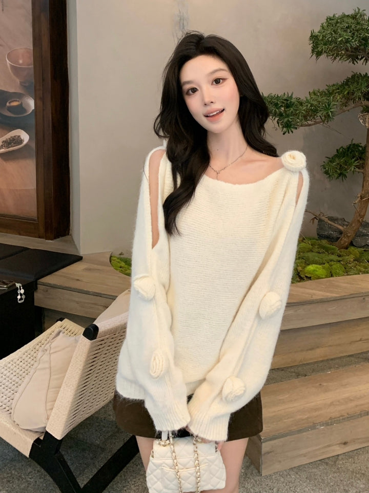 【tops】立体フラワー付きニットトップス Q9260