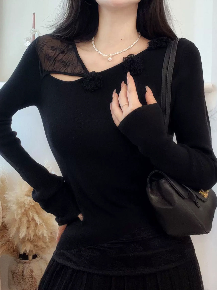 【tops】立体フラワー付きレースドッキングトップス Q9125