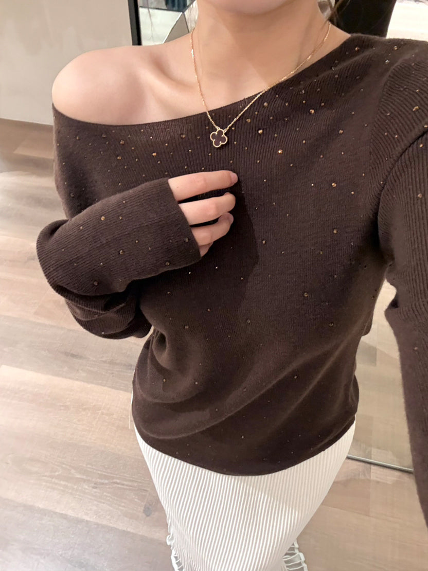 【tops】ラインストーン付きニットトップス Q9141