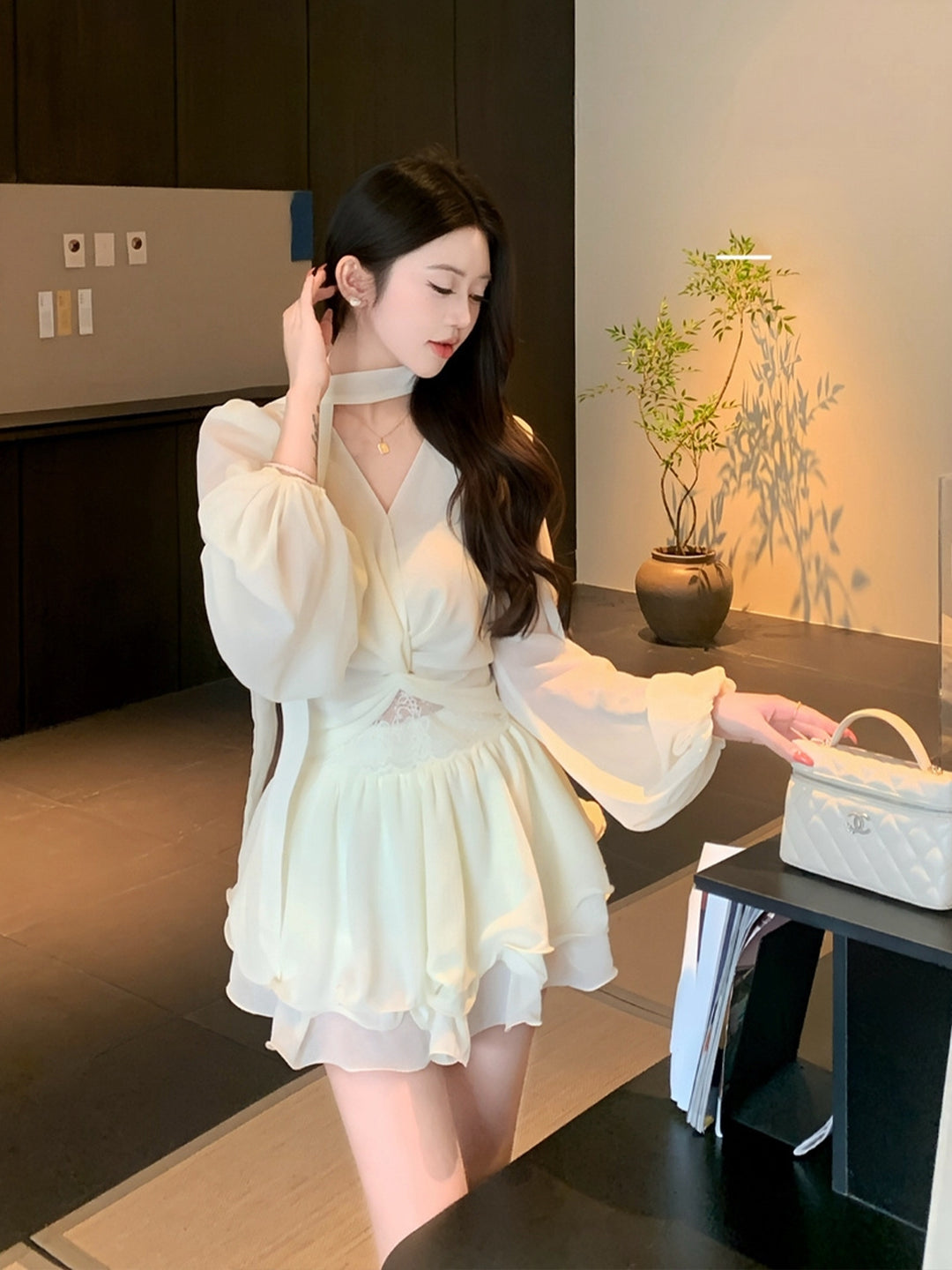 【set】スカーフ付きトップス×ミニティアードスカートセット Q9051