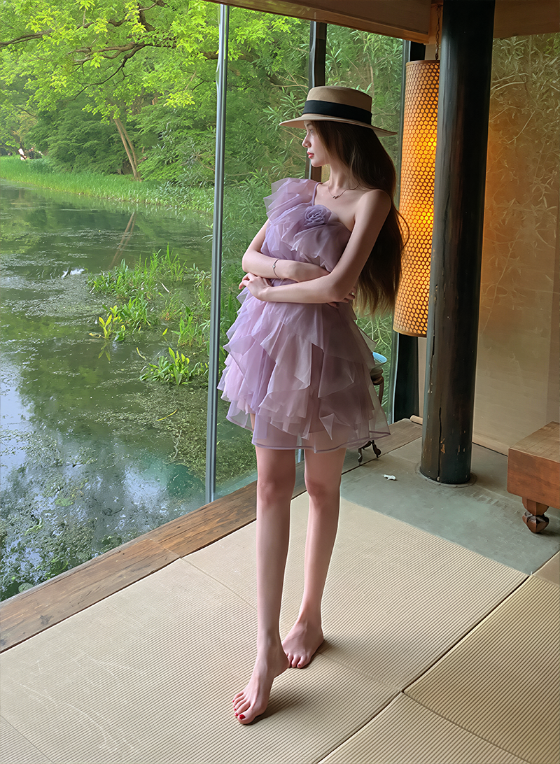 【dress】ワンショルダーチュールティアードワンピース Q8603