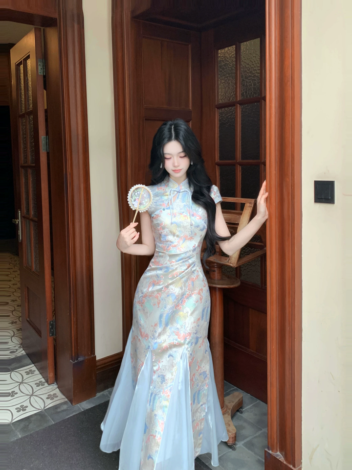 【dress】半袖サテンドッキングロングワンピース Q8542