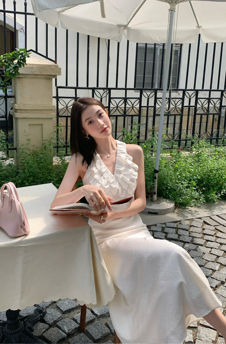【dress】ノースリーブVネックギャザーフリルワンピース Q8678