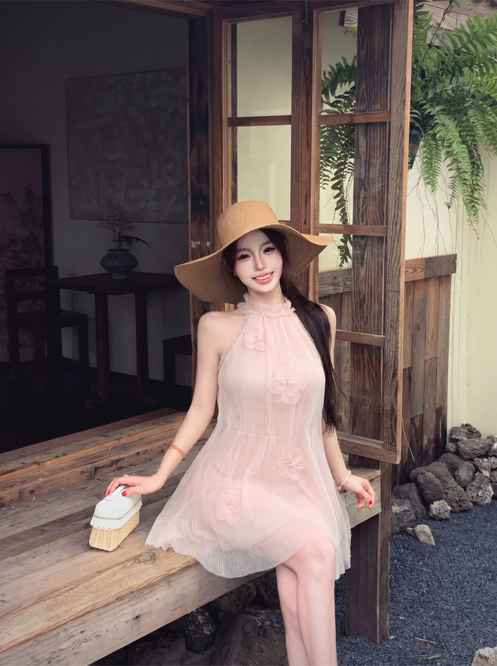 【dress】立体感フラワー付きチュールミニワンピース Q8556