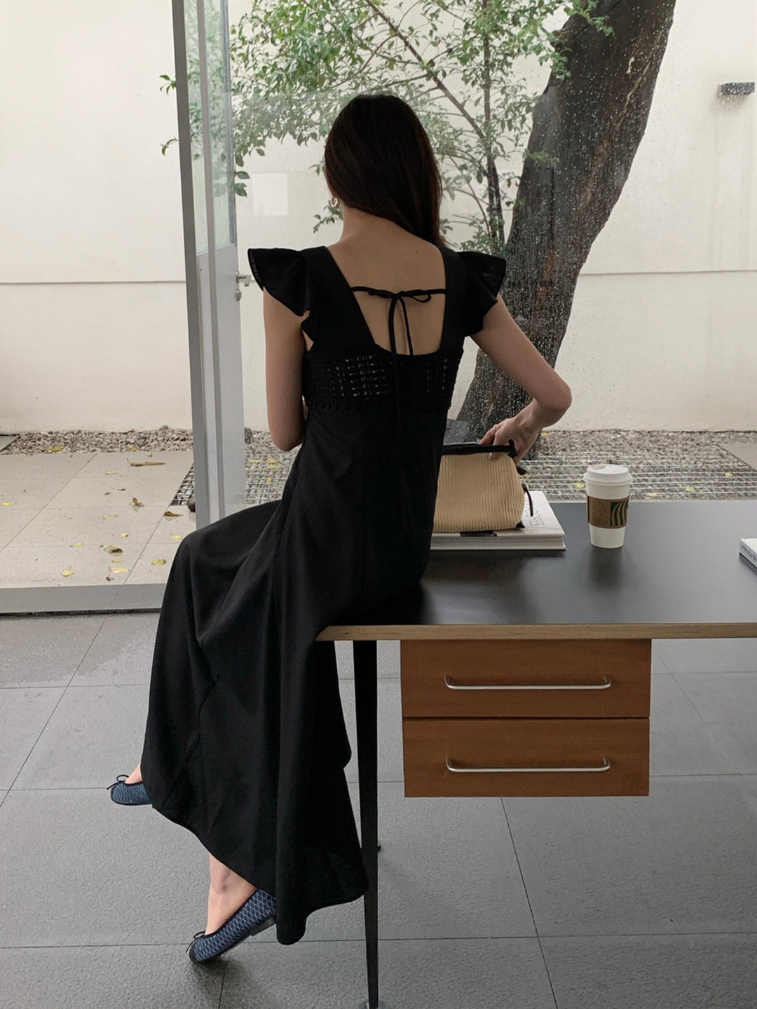 【dress】レースドッキングフラッタースリーブワンピース Q8672