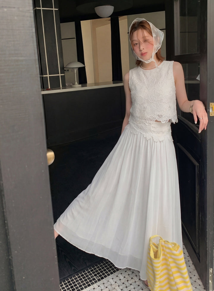 【set】ノースリーブレーストップス×ロングスカートセット Q8699