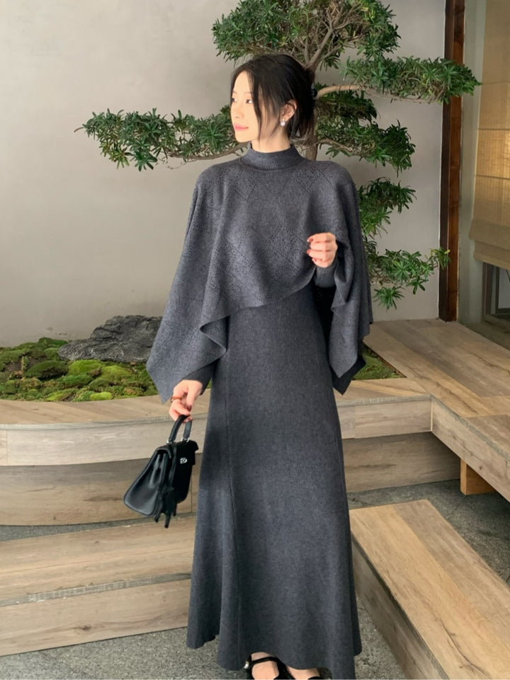 【set】ニットケープトップス×ロングニットワンピースセット Q9261