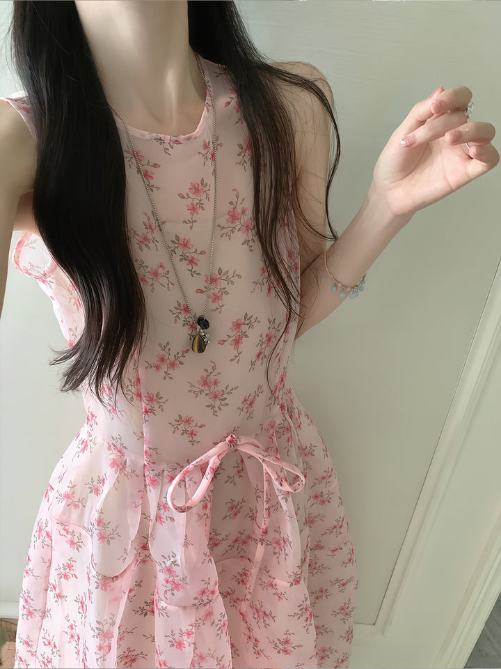【dress】ノースリーブフラワー柄ワンピース Q8707