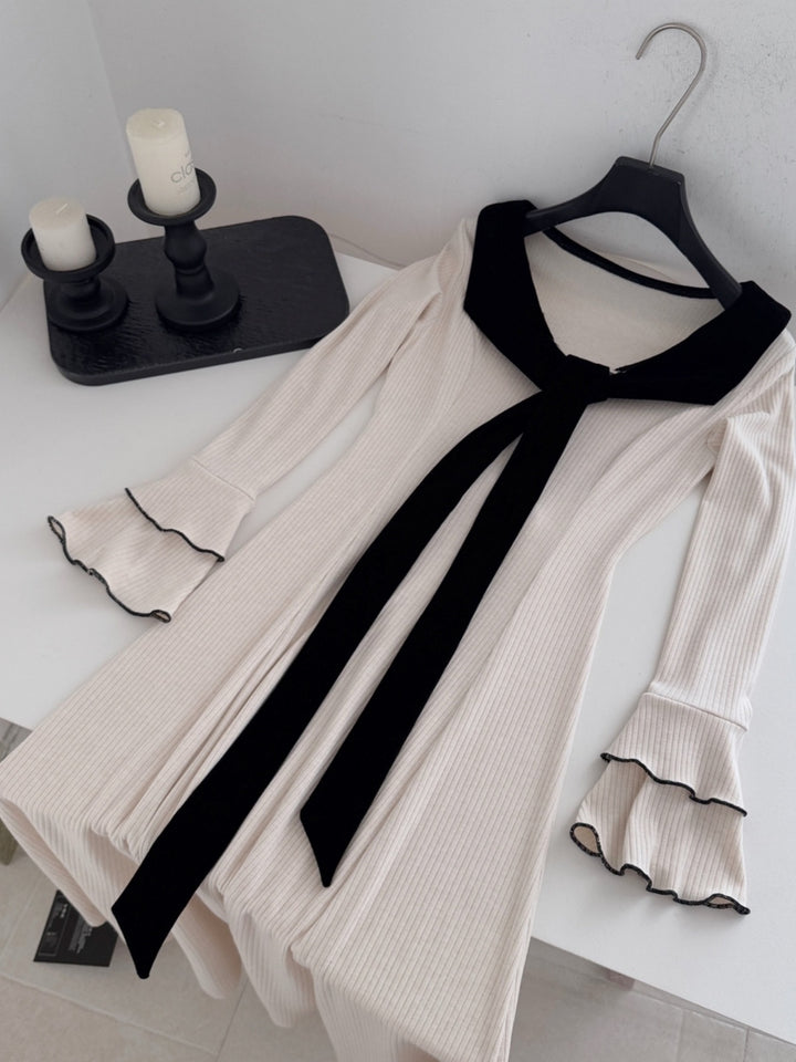 【dress】リボン付きニットロングワンピース Q9265