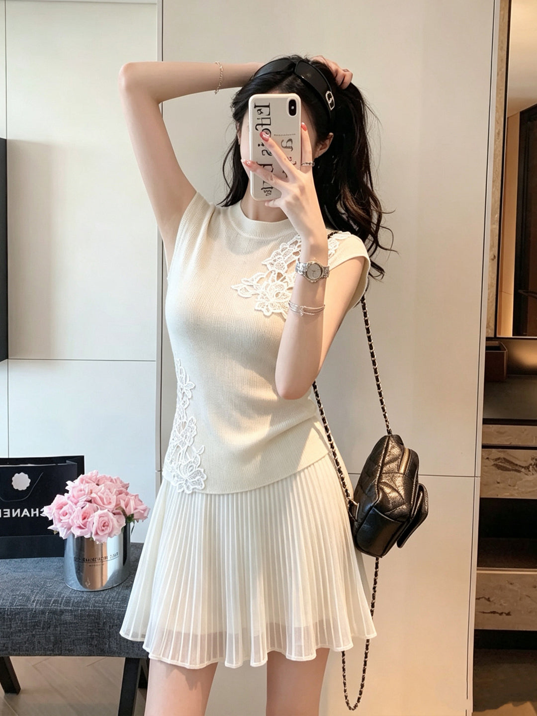 【tops】ノースリーブレースドッキングニットトップス Q9123