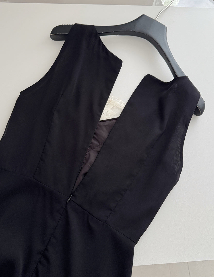 【dress】スカーフ付きレースドッキングロングワンピース Q8691