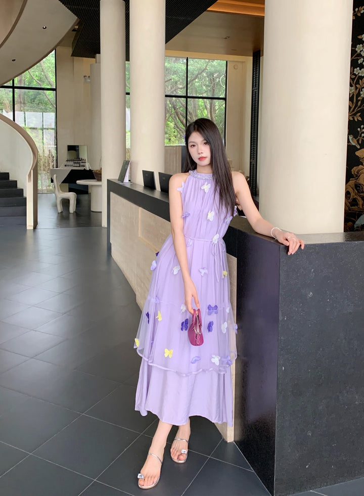 【dress】ノースリーブ立体感蝶ロングワンピース Q8662
