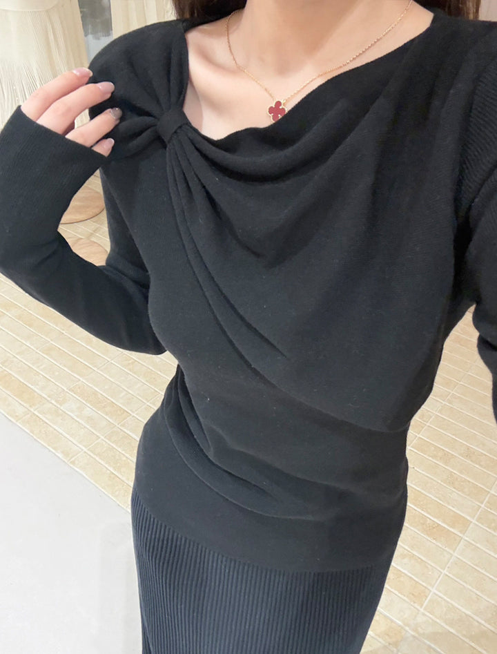 【tops】リボンネックニットトップス Q9077