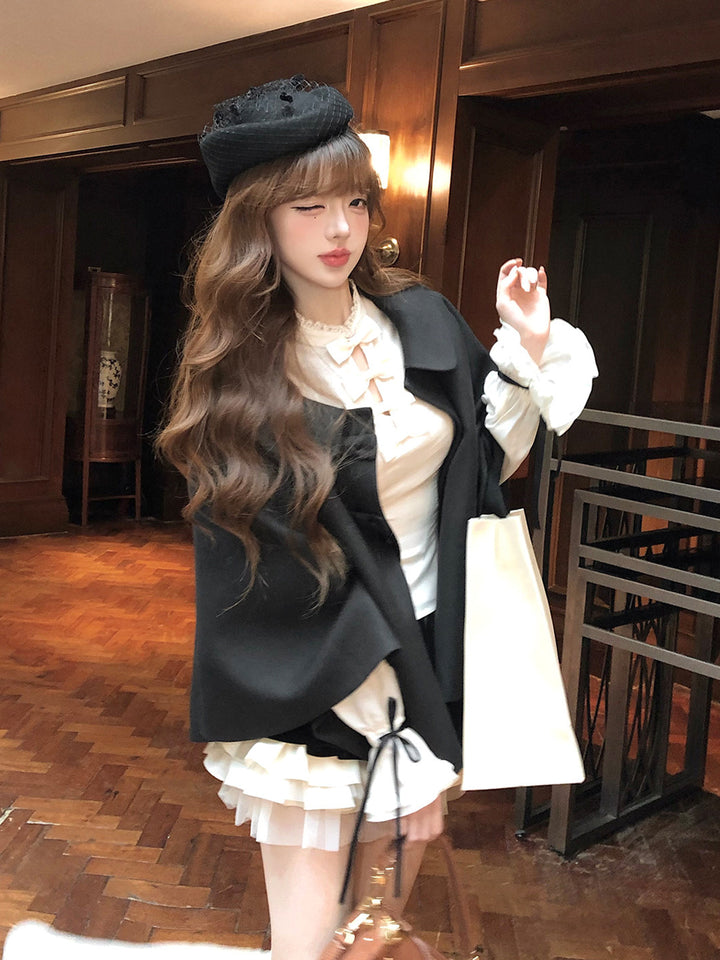 【set】リボン付きシャツ×ベルベットドッキングミニスカートセット Q9227