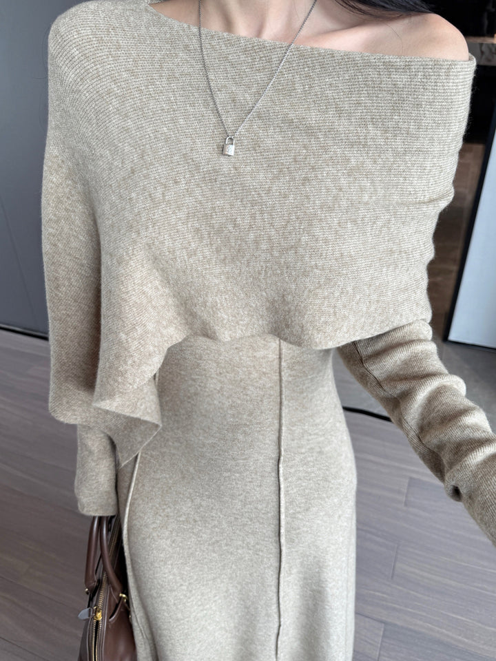 【dress】ケープ付きニットロングワンピース Q9179