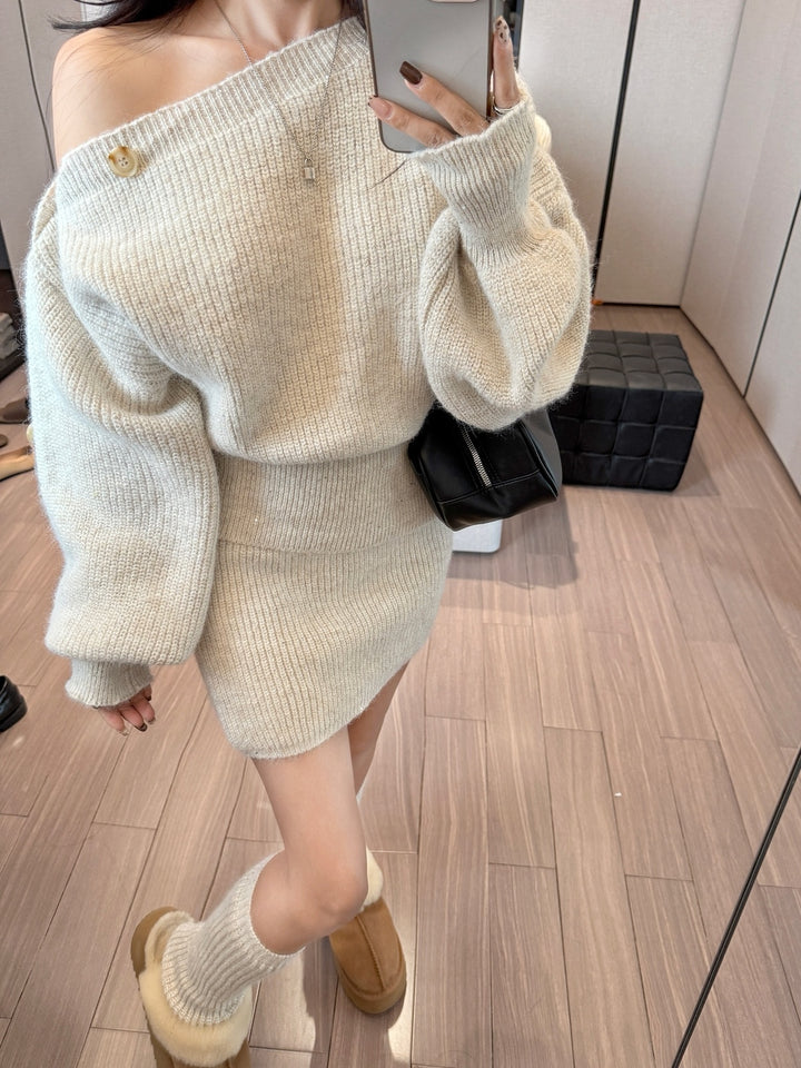 【set】オフショルダーニットトップス×ミニスカートセット Q9319