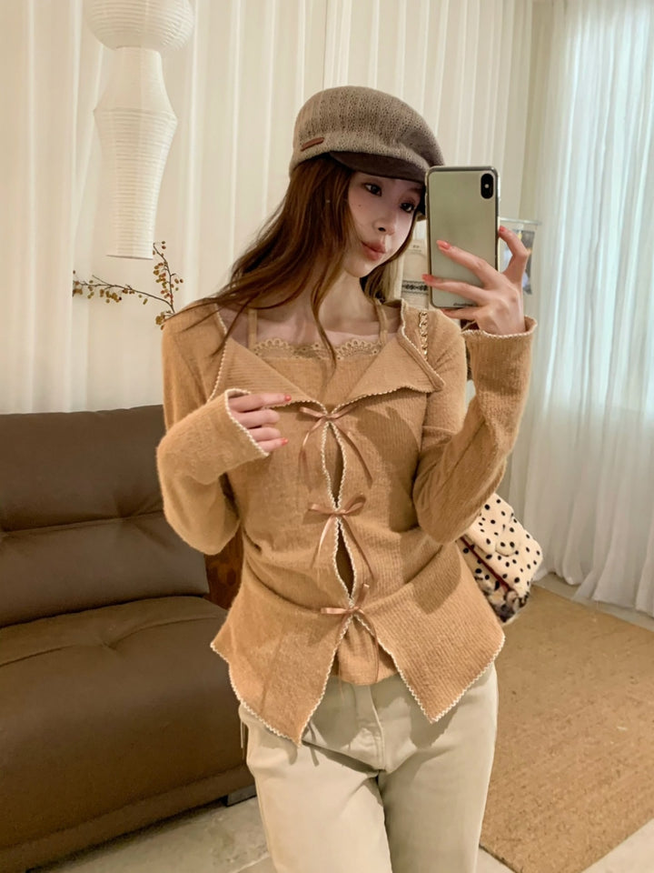 【tops】リボン付きフェイクレイヤードトップス Q9292