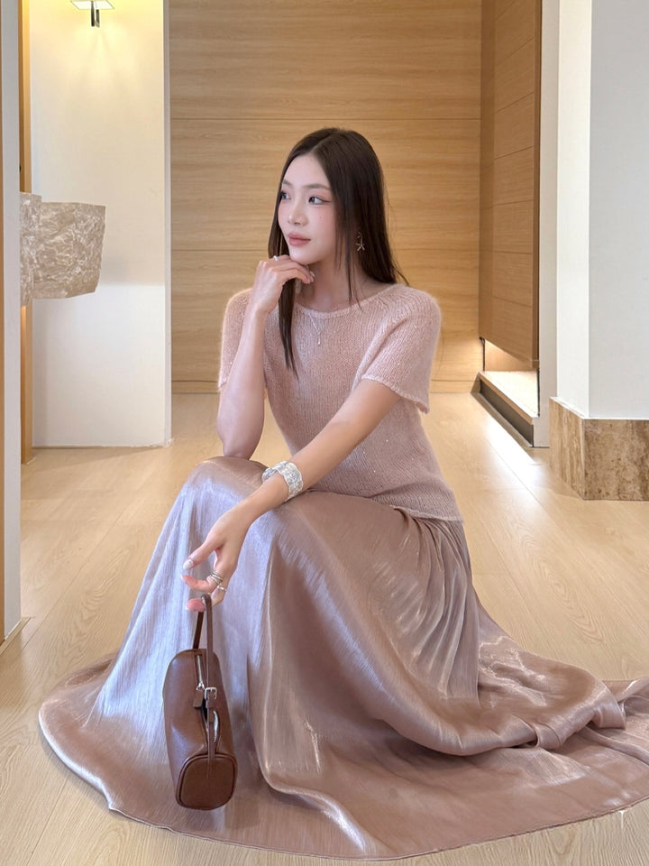 【tops】バックリボン半袖ニットトップス Q8979