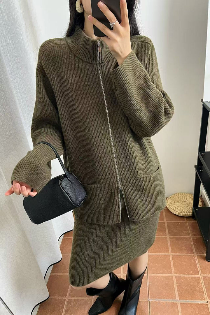 【set】Wジップニットトップス×ニットスカートセット Q9173