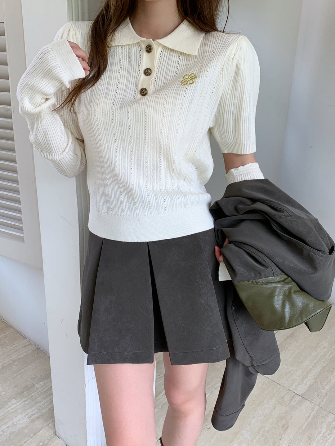 【tops】アームカバー付きニットポロシャツ Q8949