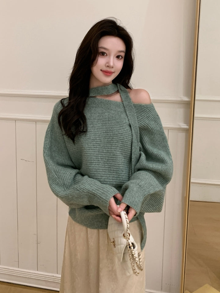 【tops】スカーフ付きニットトップス Q9241