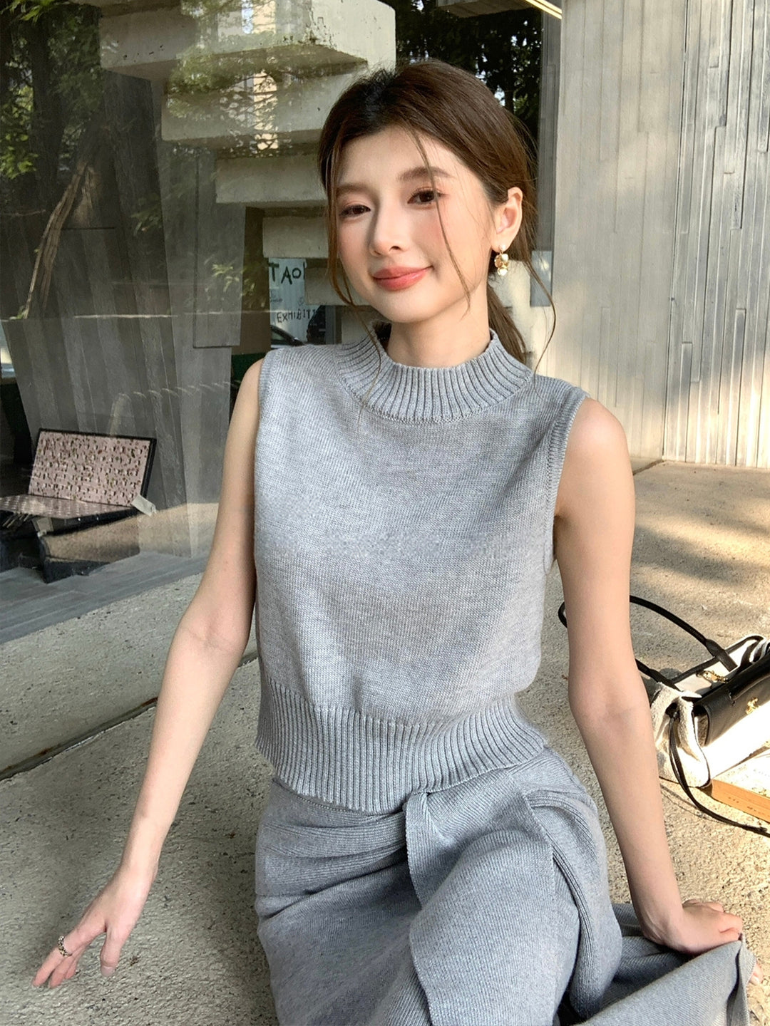 【set】ノースリーブニットトップス×ロングマーメイドスカートセット Q9311
