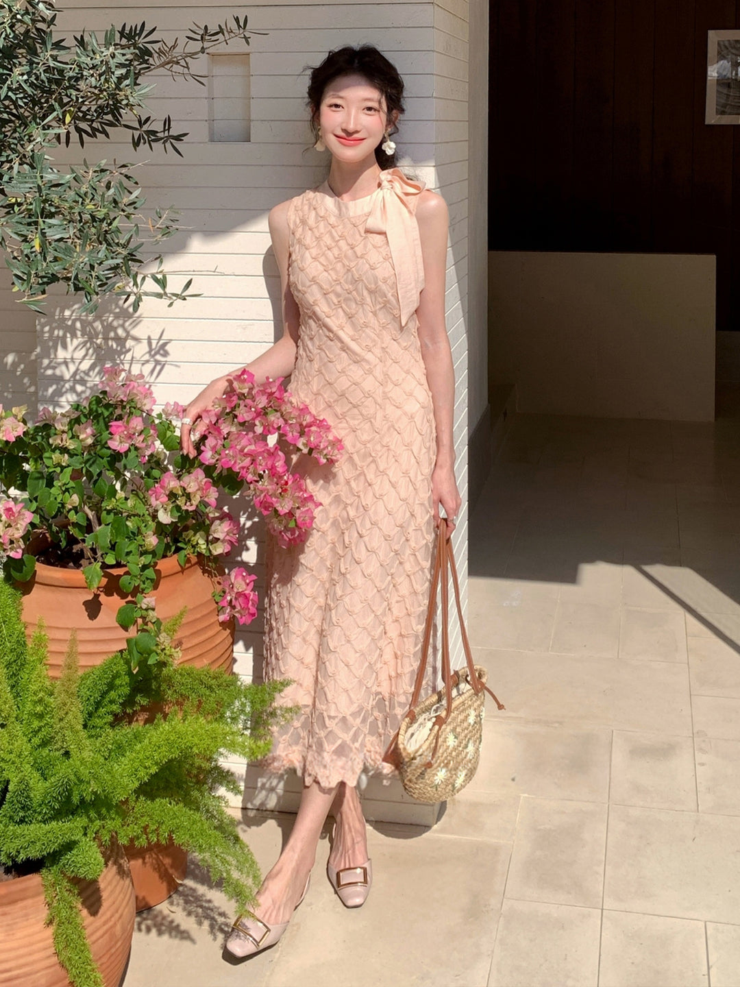 【dress】ノースリーブリボン付きロングワンピース Q8679