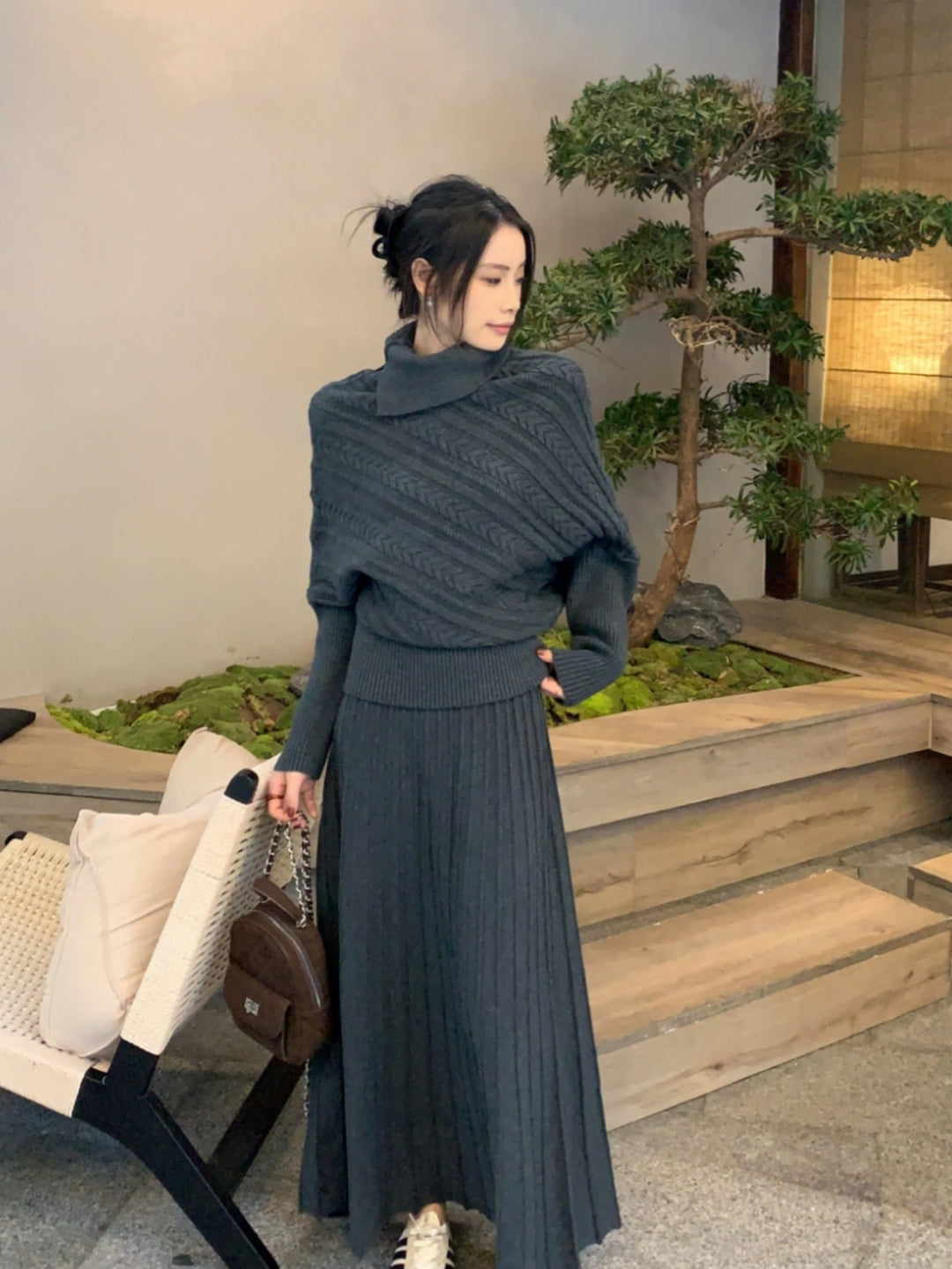 【set】ハイネックニットトップス×ロングスカートセット Q9253