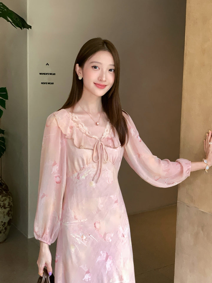 【dress】フラワー柄レースドッキングロングワンピース Q8998