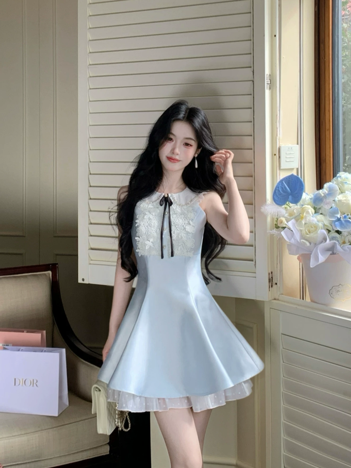 【dress】レースドッキングピーターパンカラーミニワンピース Q8549