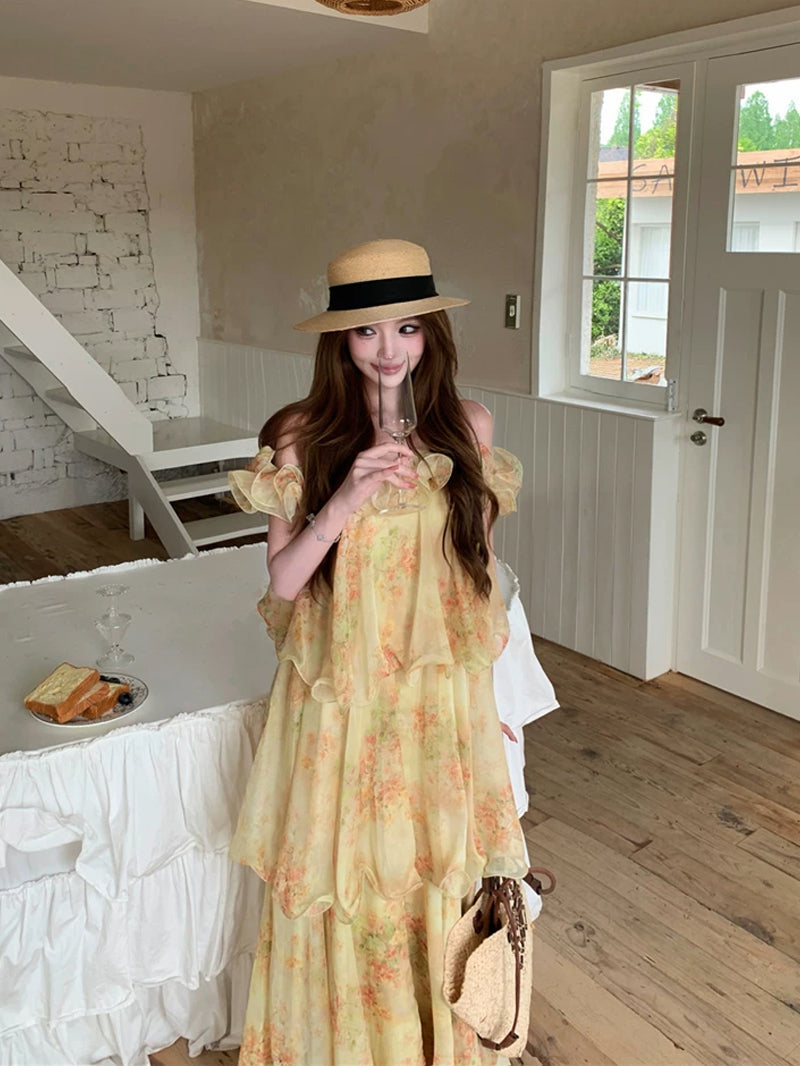 【dress】フラワー柄ロングティアードキャミワンピース Q8643