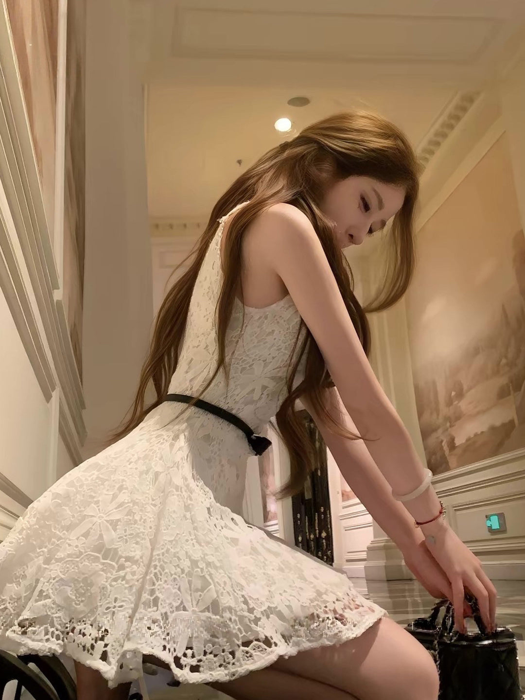 【dress】ベルト付きノースリーブレースワンピース Q8755