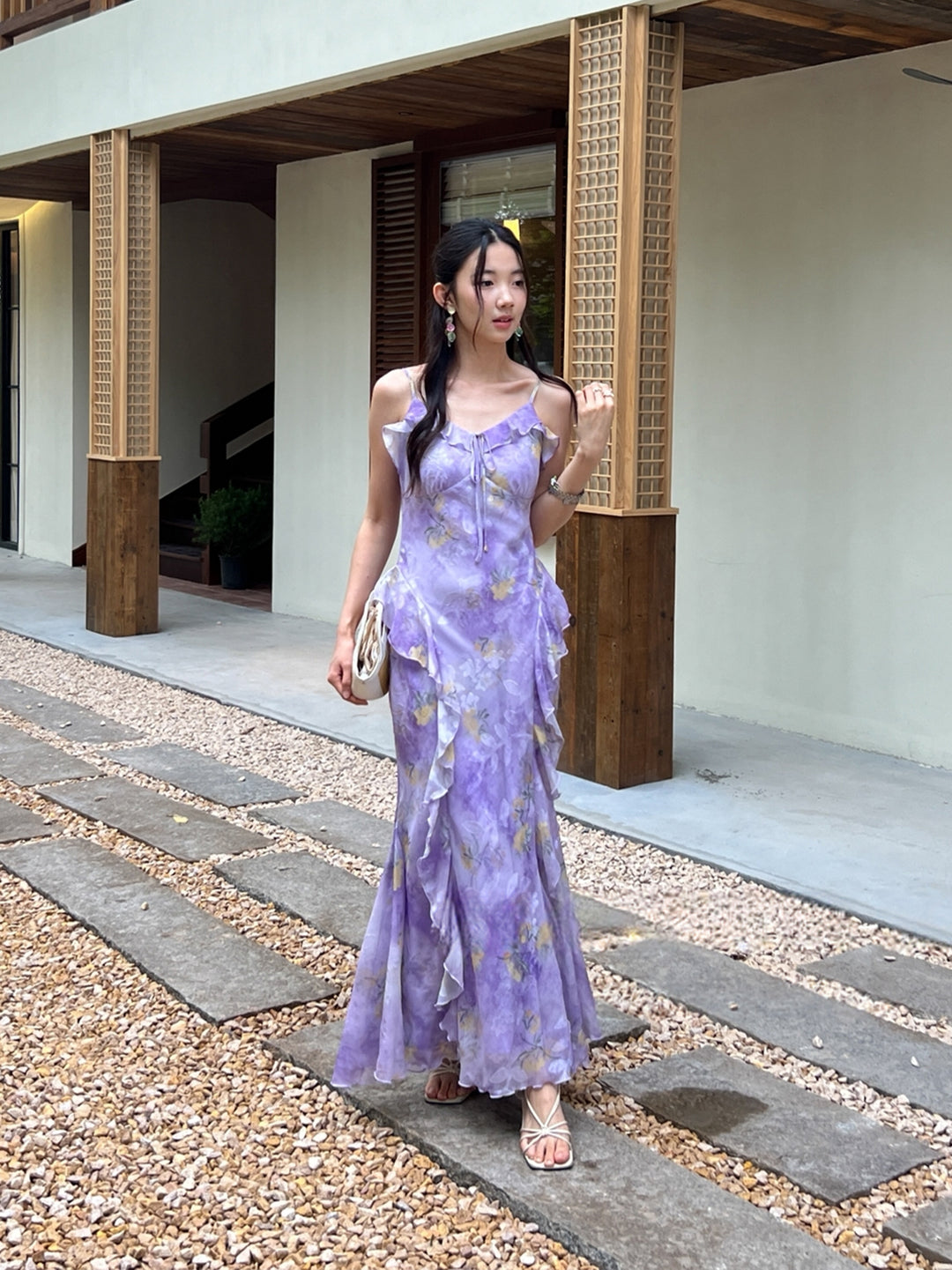 【dress】フラワー柄ギャザーフリルロングキャミワンピース Q8668