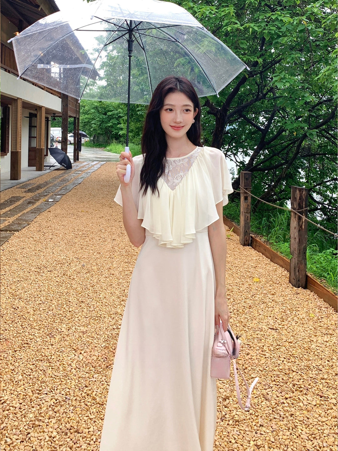 【dress】レースドッキングハンカチーフスリーブロングワンピース Q8675