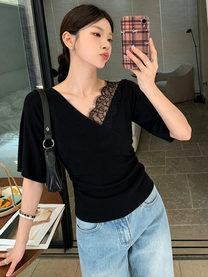 【tops】レースドッキングニットトップス Q9060