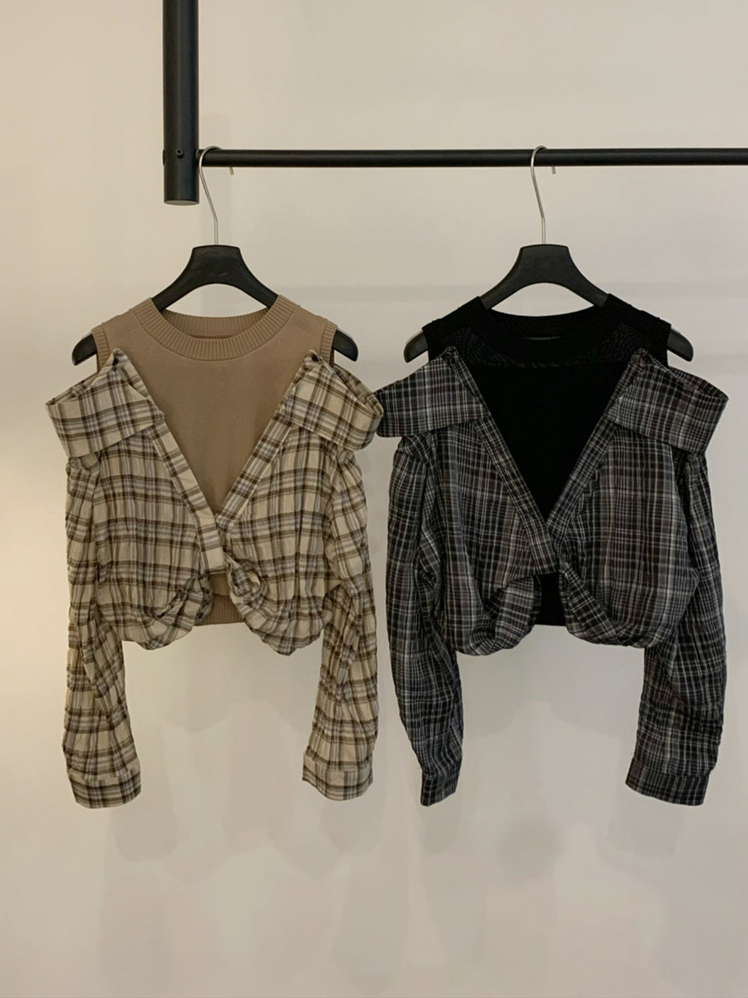 【tops】フェイクレイヤードチェック柄トップス Q9089